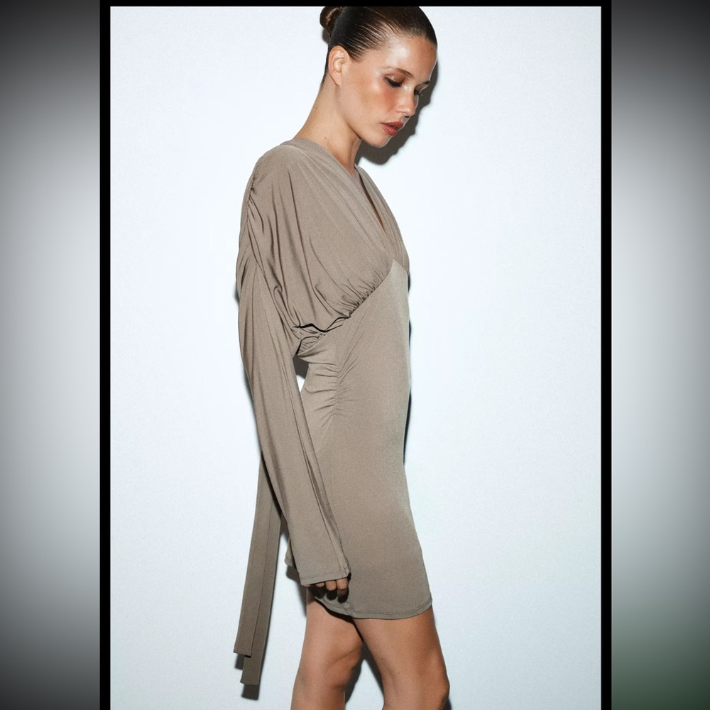 Zara limited edition voluminous Taupe Long-Sleeve Dress with back tie - Picture 5 of 14